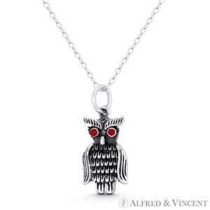 Perched Owl Bird Animal Charm & Red CZ Crystal in Oxidized .925 Sterling Silver